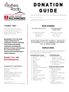 descriptions of items one may donate to the Clothes Rack Stores and store hours and location information